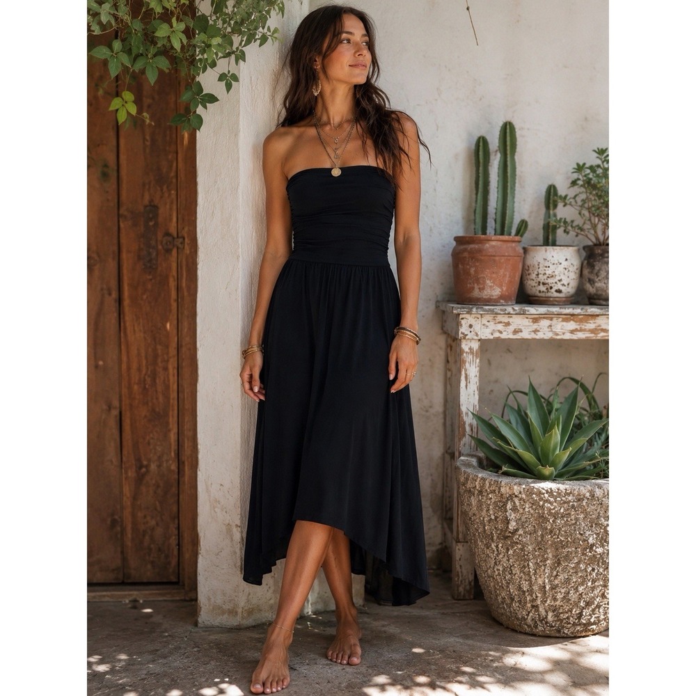 Soprano Strapless Maxi Dress M/8/10 Jersey Knit Ruched Boho Flowy Beach Festival